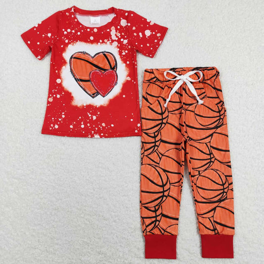 BSPO0291 Baby Boy Basketball Red Heart Short Sleeve Orange Pants Boys Set Kids Valentine's Day Clothes