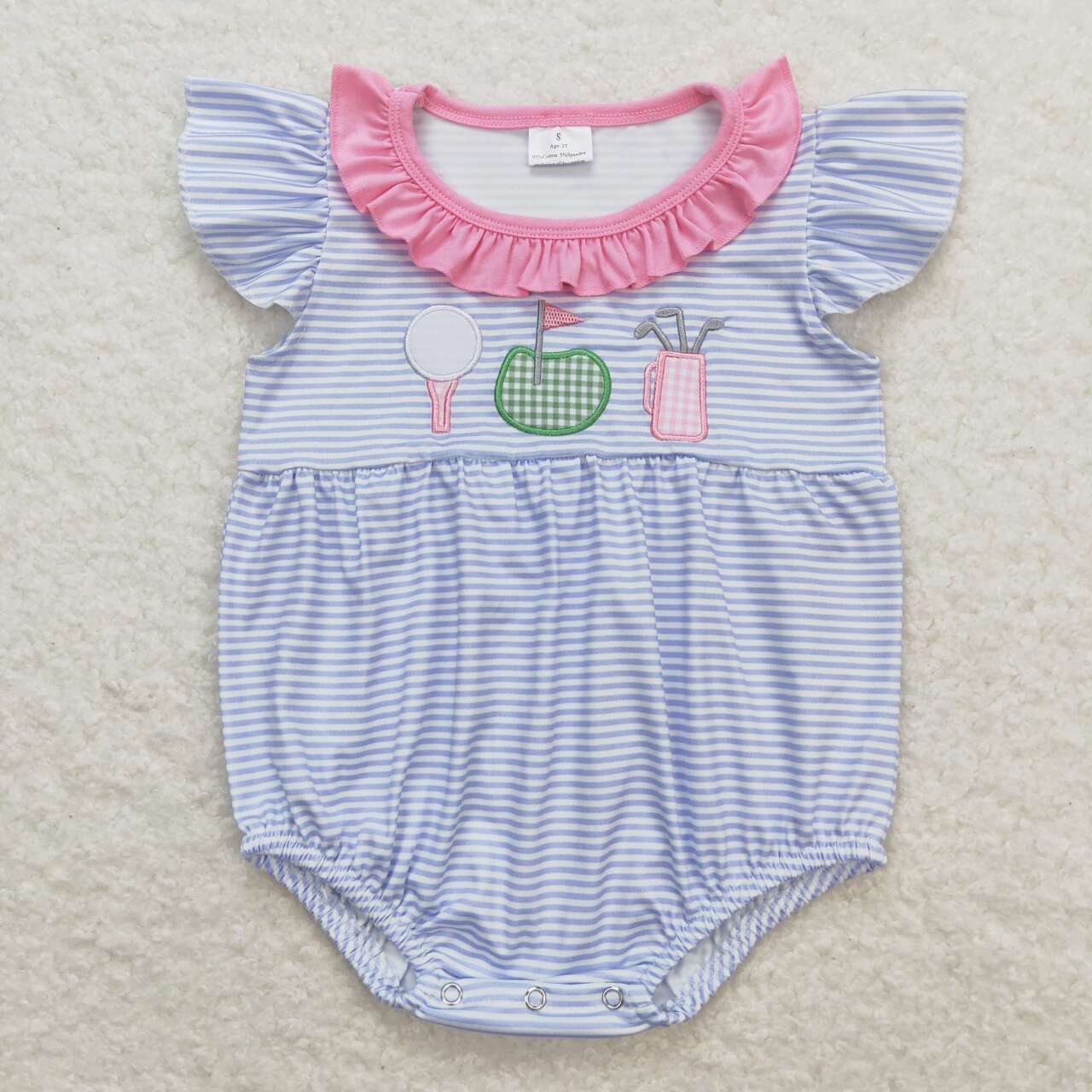 SR1215 embroidery Play golf pink blue flutter sleeve girls romper