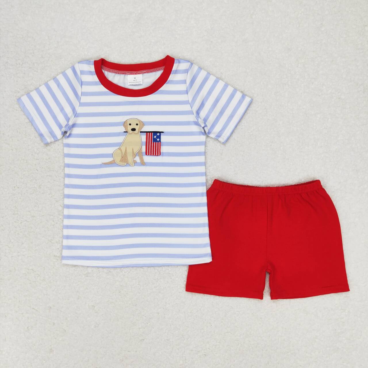 BSSO0619 embroidery July 4th dog flag blue striped short sleeve red shorts boys set