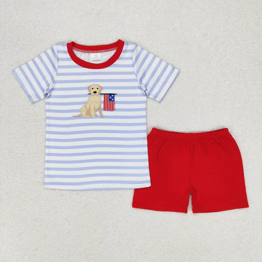 BSSO0619 embroidery July 4th dog flag blue striped short sleeve red shorts boys set