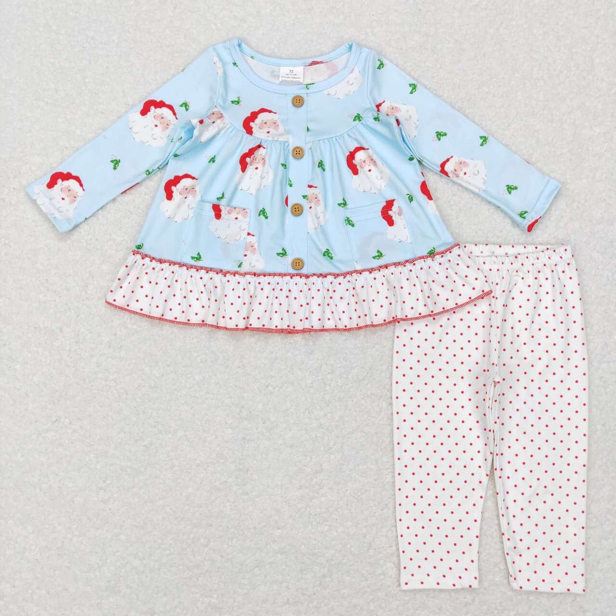 GLP0976 Christmas Santa pockets blue long sleeve white dot pants girls set