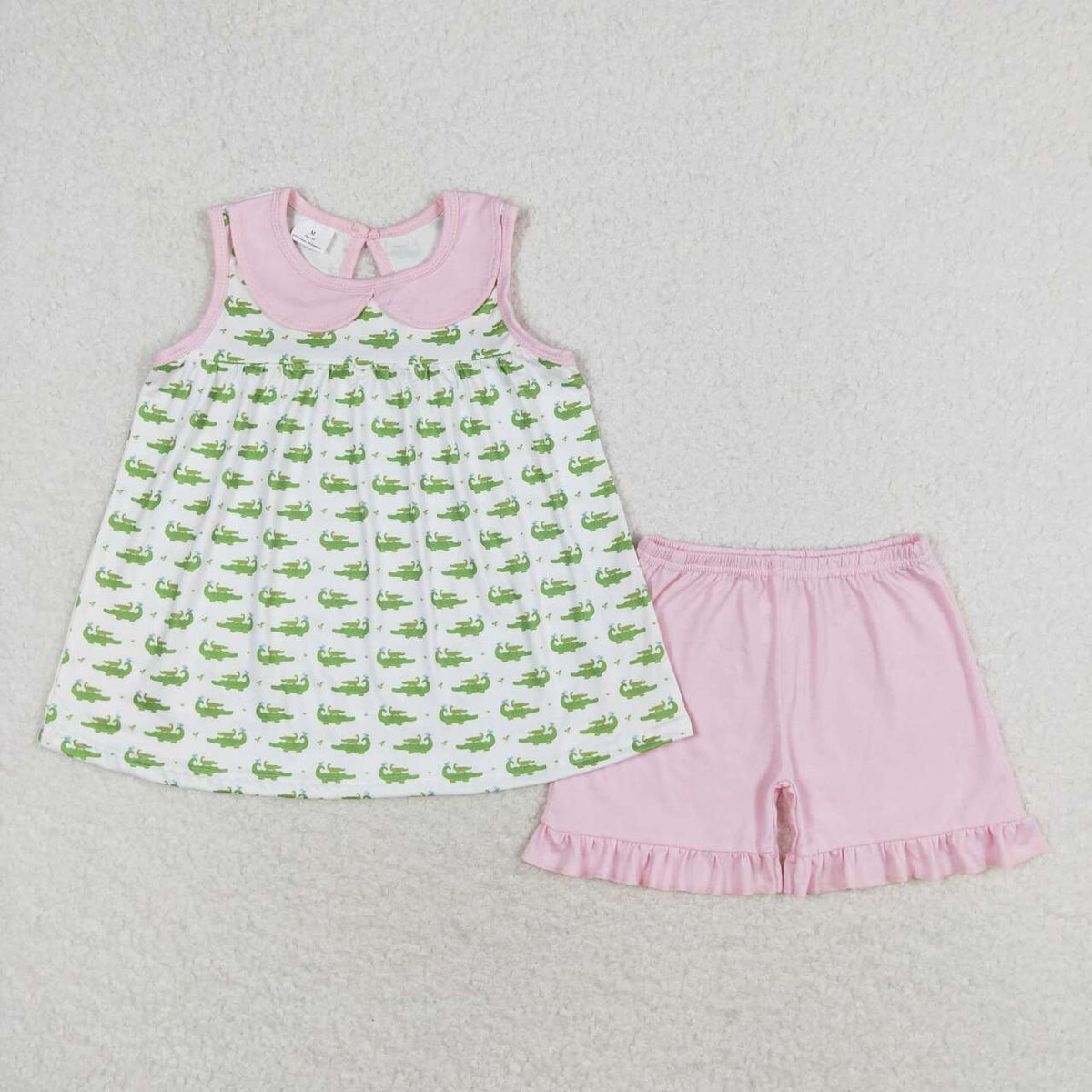 GSSO0654 Crocodile green sleeveless pink shorts girls set