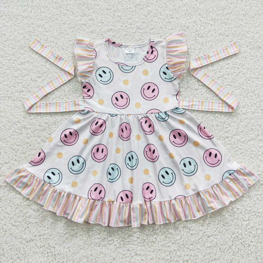 GSD0407 Pink & Blue Smile Dot Flutter Sleeves Girls Summer Dress