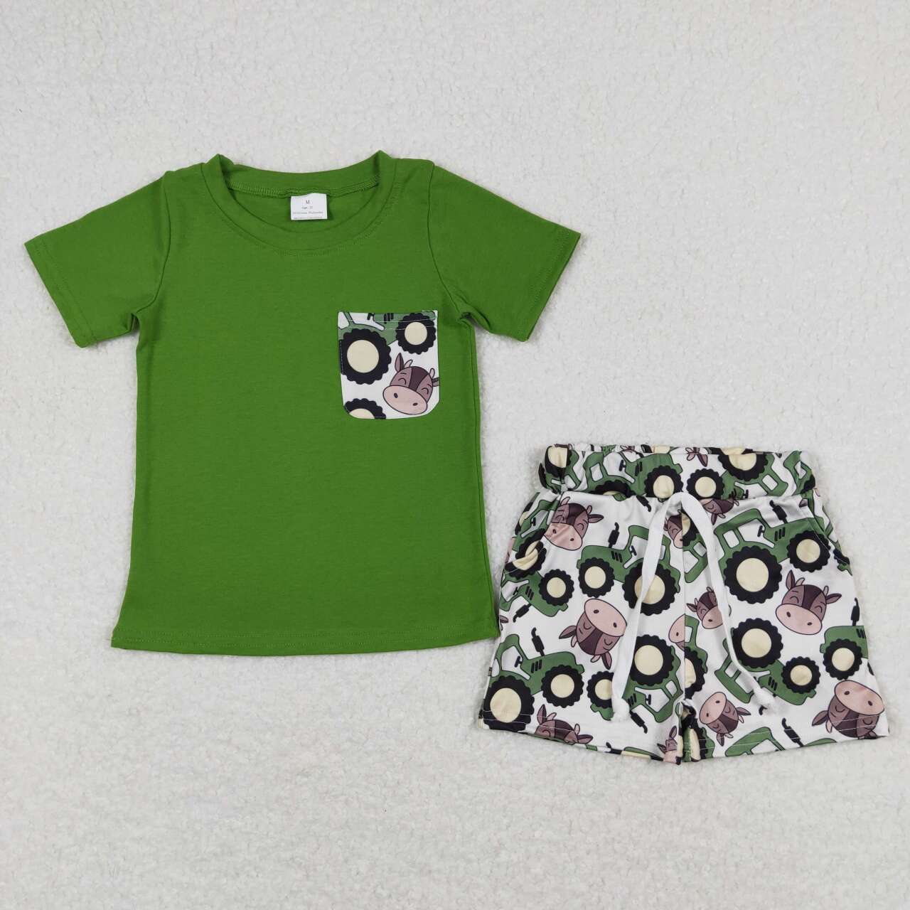 BSSO0703 Farm tractor pocket green short sleeve shorts boys set