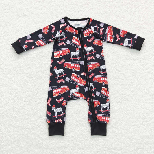 LR0735 Fire truck dog black long sleeve kids romper