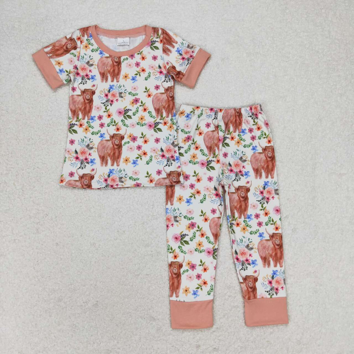 GSPO1439 Highland cow flowers brown short sleeve pants girls pajamas