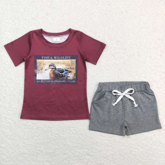 BSSO0472 Baby Boy Hunting Mallard Fish Wildlife Short Sleeve Grey Cotton Shorts Boys Set Kids Hunting Clothes