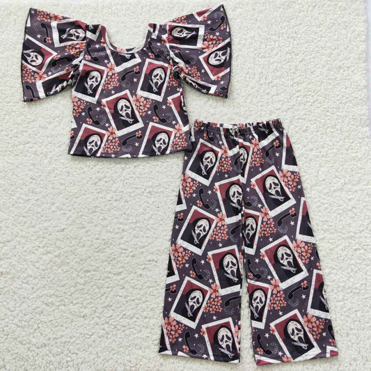 GSPO0639 Halloween Mask Flowers Purple Short Sleeves Girls Set