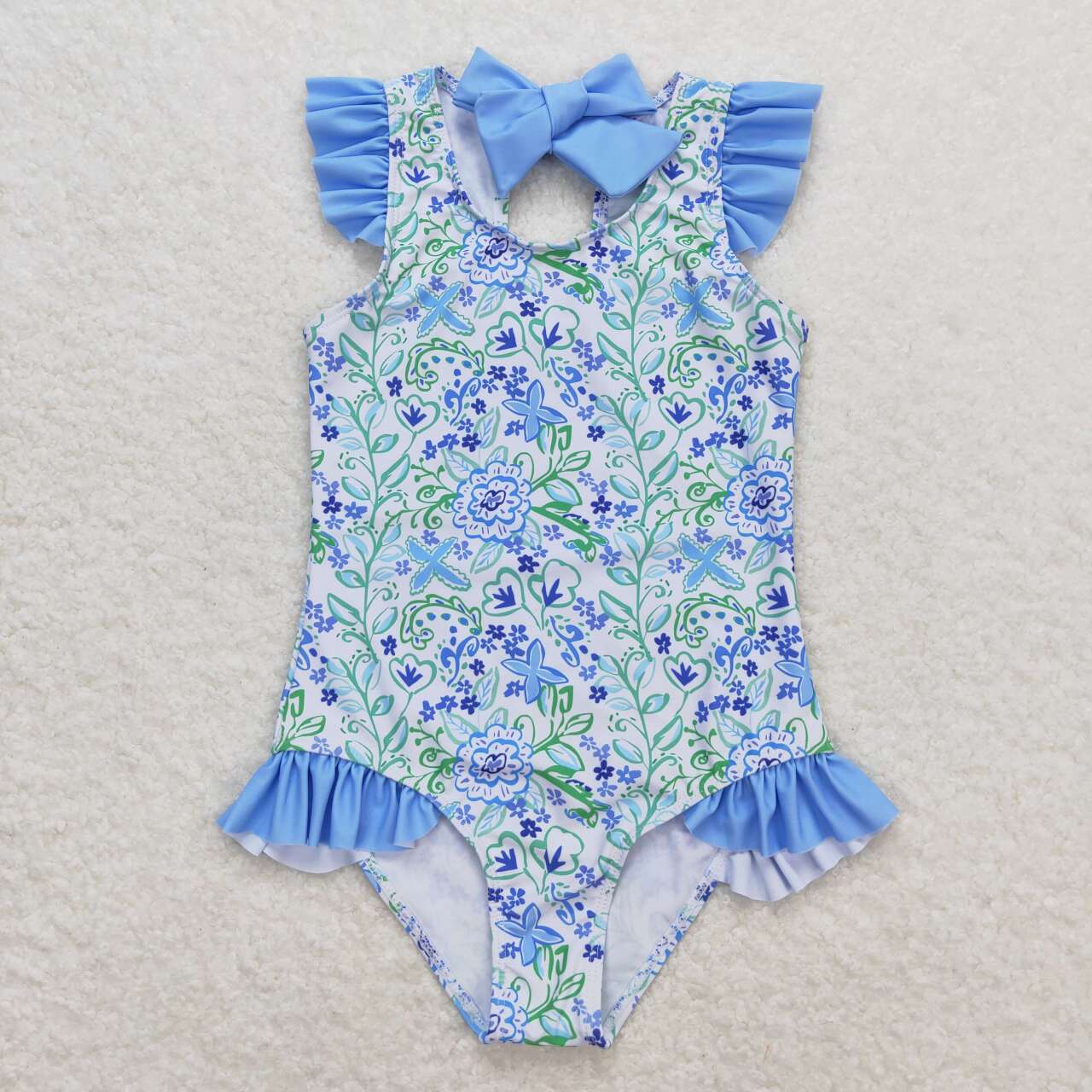 S0278 blue flowers flutter sleeve girls swimsuits