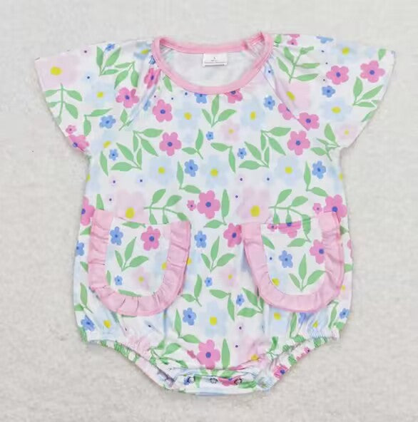 SR1129 Colorful flowers pink flutter sleeve girls romper