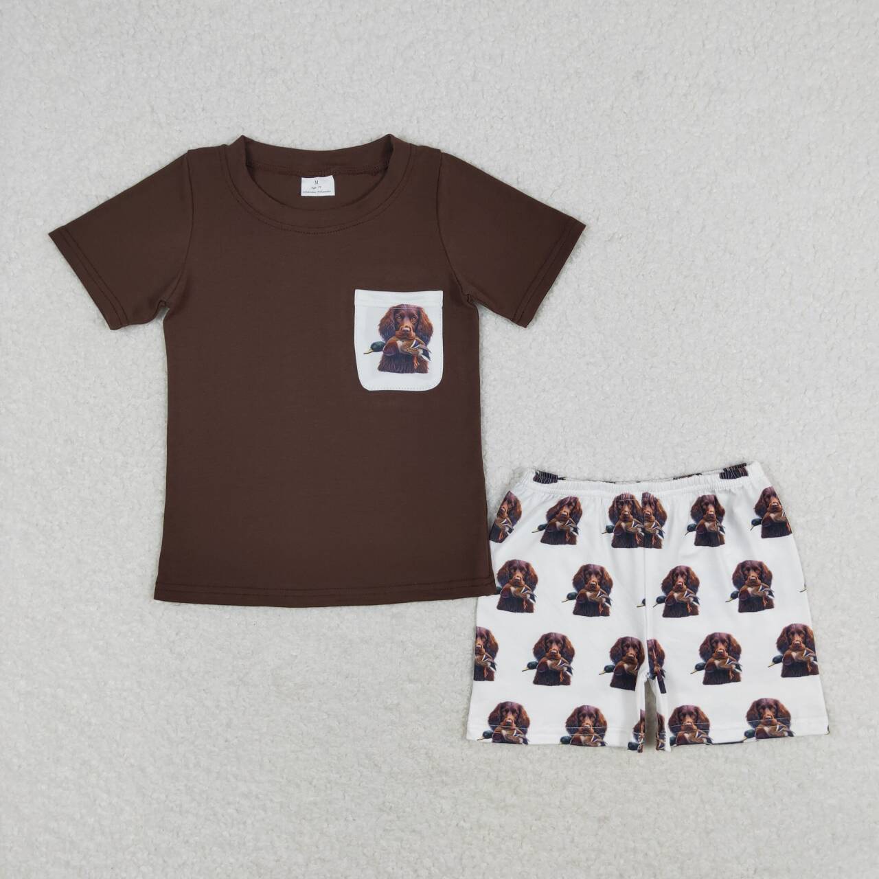 BSSO0936 hunting dog mallard maroon pocket short sleeve shorts boys set