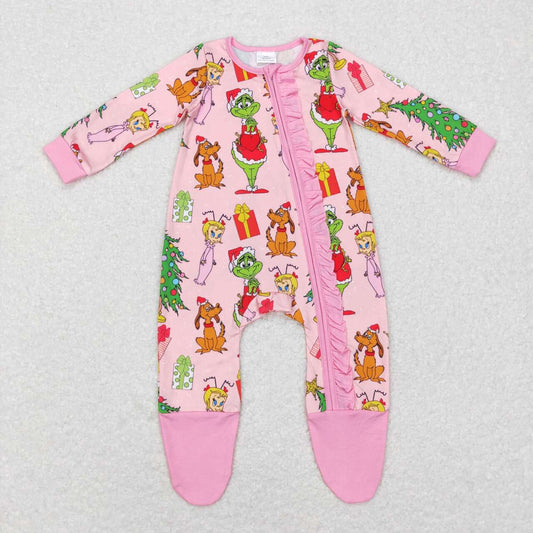 LR0806 Christmas green face pink long sleeve girls romper