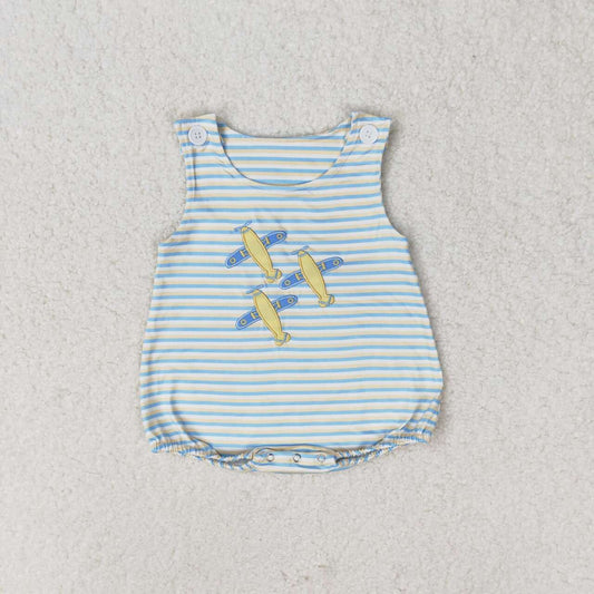 SR1228 embroidery Plane green yellow striped sleeveless boys romper