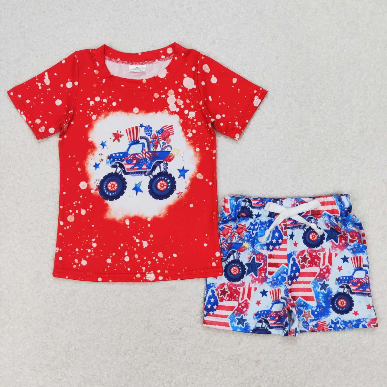 BSSO0583 July 4th Mountain Truck Red Short Sleeve Blue Shorts Boys Summer Set