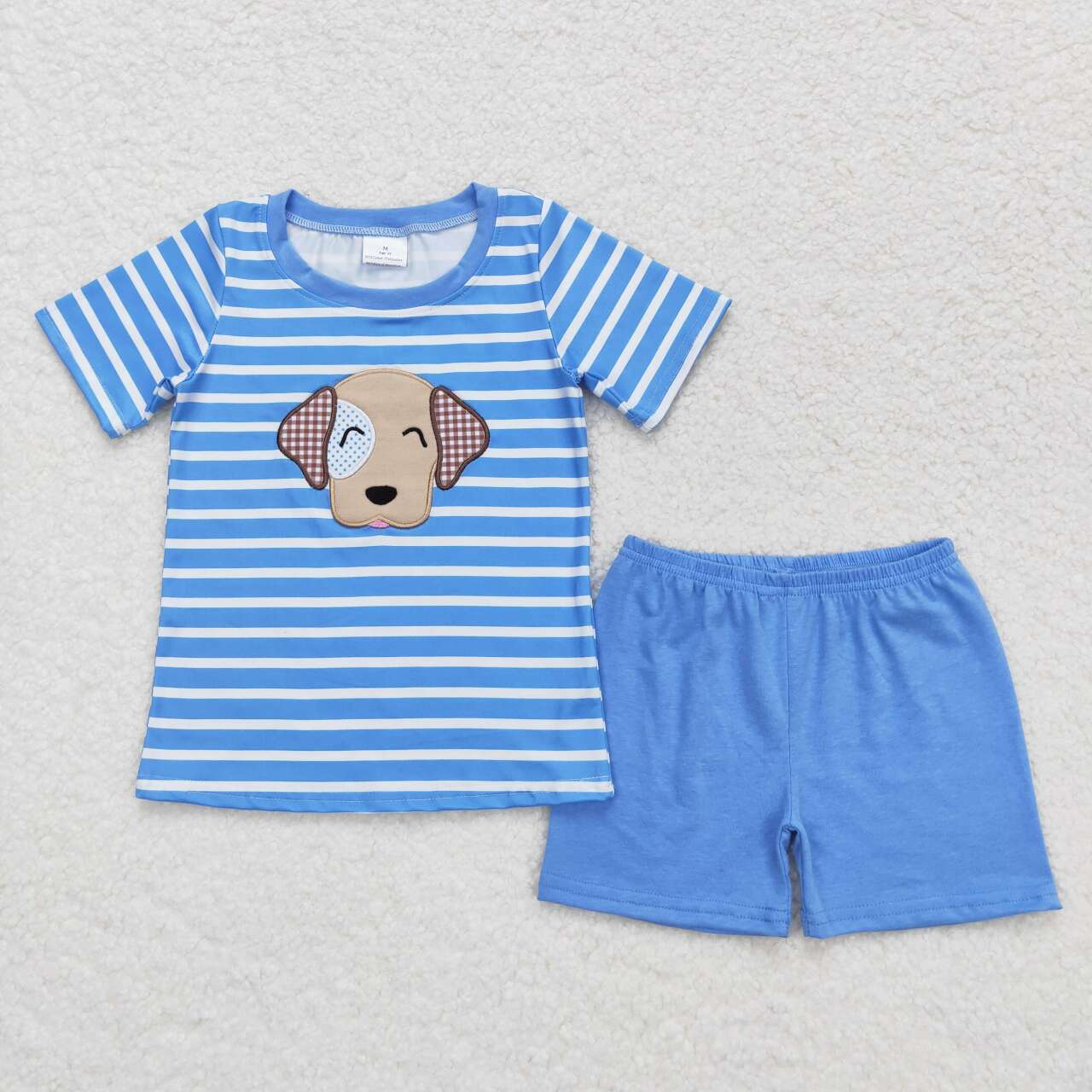 BSSO0746 embroidery dog blue striped short sleeve blue shorts boys set