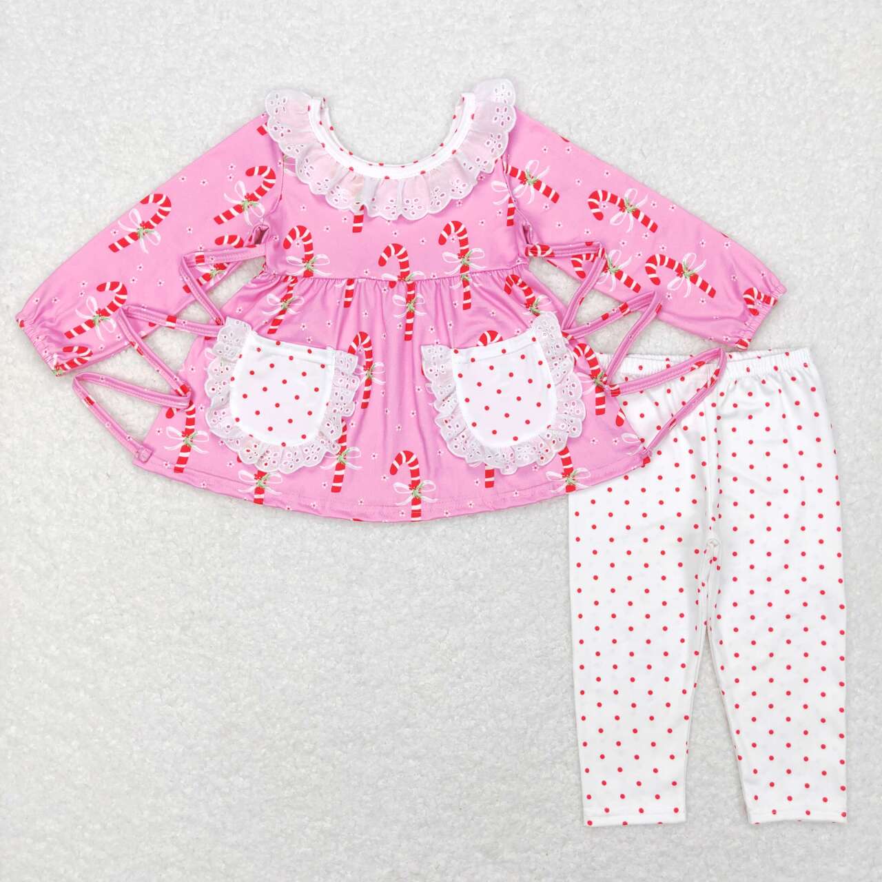 GLP0883 Christmas cane candy pink long sleeve top pink dot pants girls set