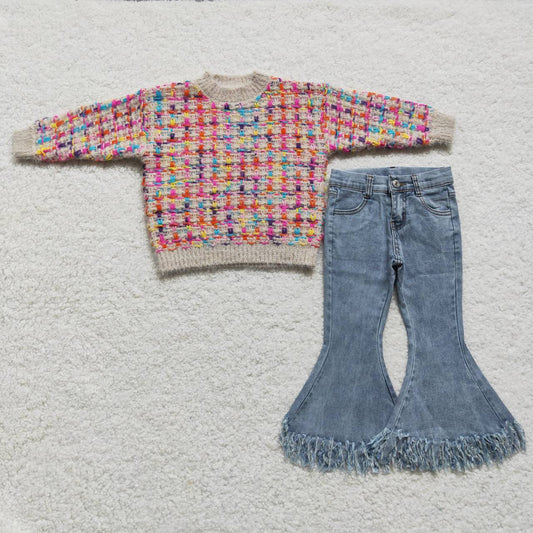 GLP0753 Colorful sweater blue tassels denim pants girls set