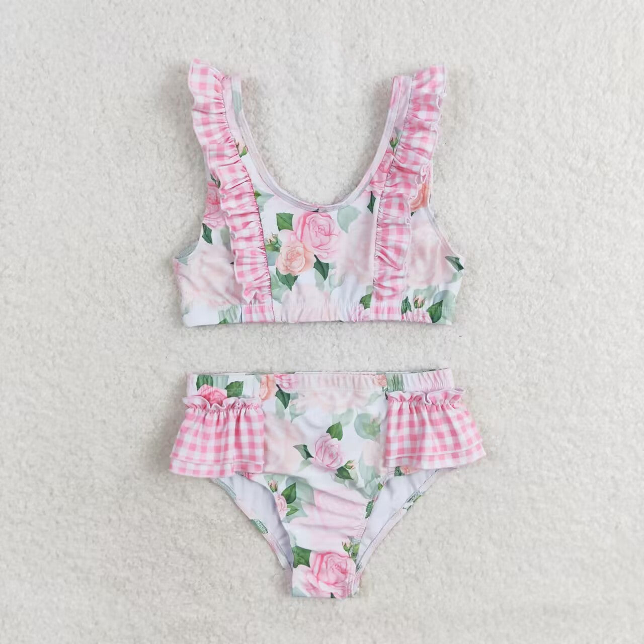 S0318 multi colorful flowers pink checkered flutter sleeve girls swimsuits
