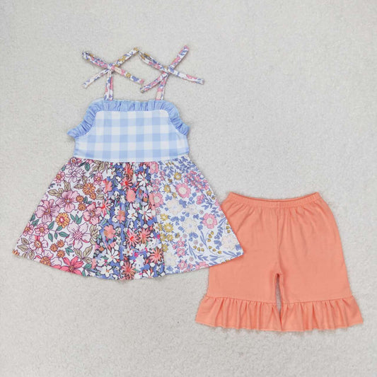 GSSO0990 multi colorful flowers blue checkered lace-up orange shorts girls set