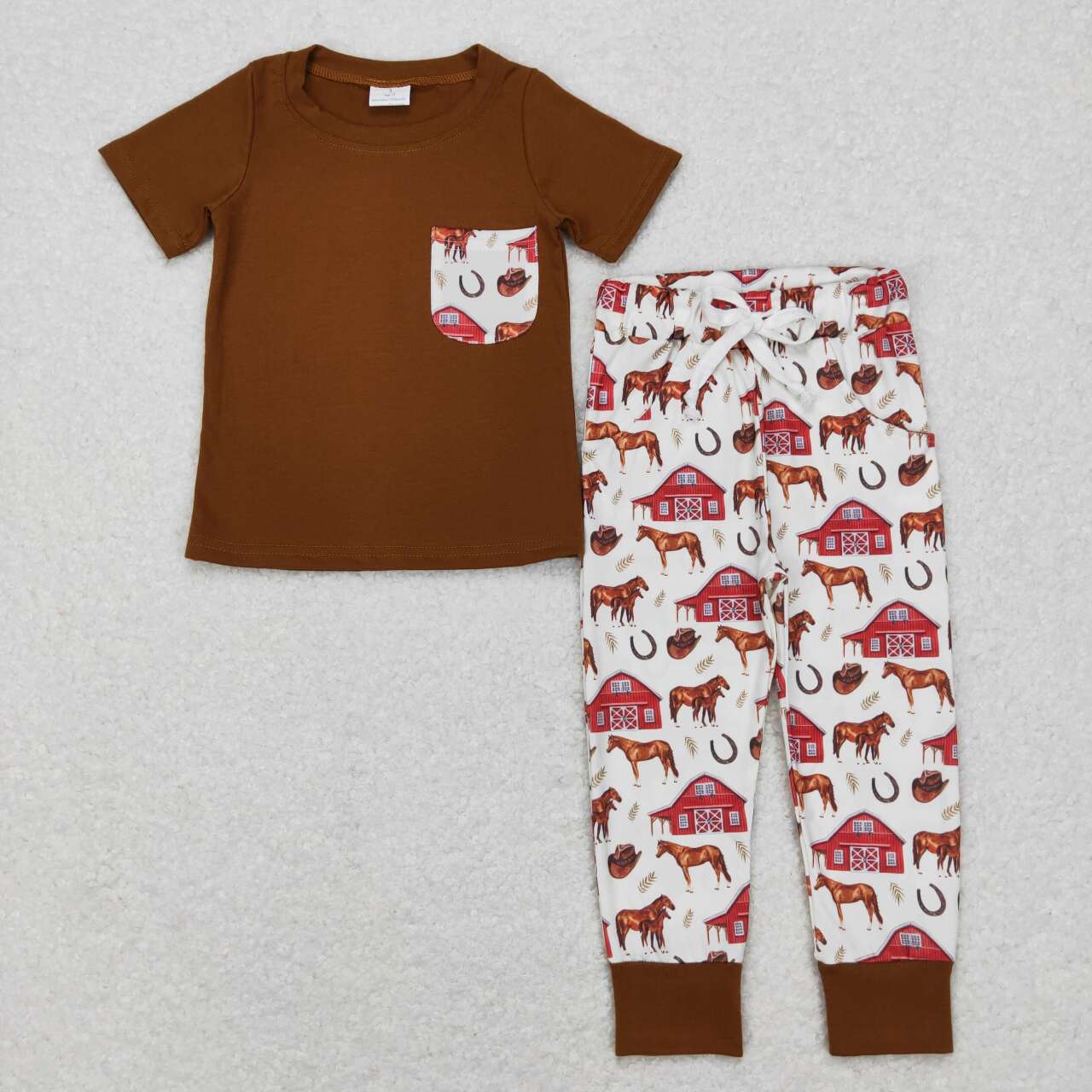 BSPO0207 Farm house horse brown pocket short sleeve pants boys set