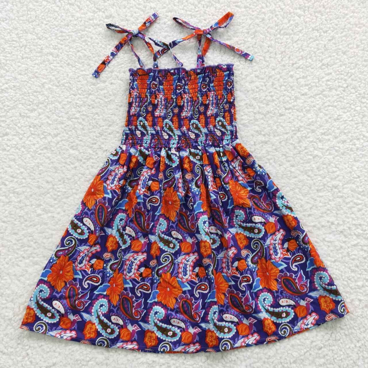 GSD0405 Smocking Stitch Orange Flowers Navy Girls Summer Dress