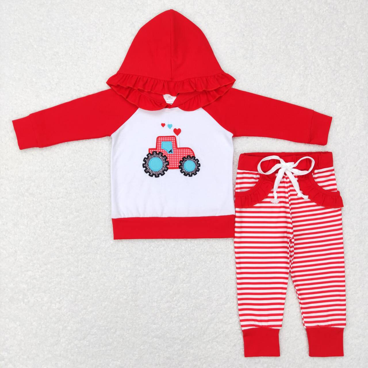 GLP0913 Valentine's Day heart tractor red hoodie long sleeve striped pants girls set