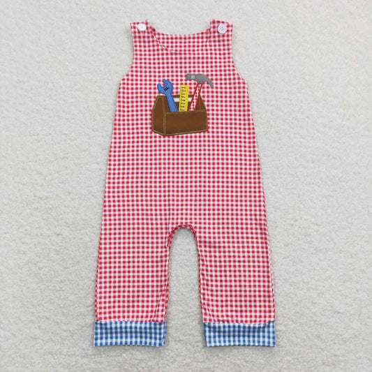 SR0822 Embroidery Tool Cabinet Red Checkered Sleeveless Boys Romper