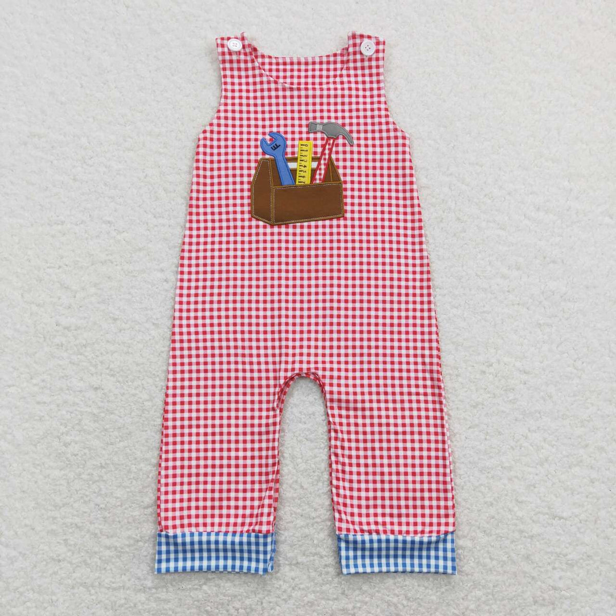 SR0822 Embroidery Tool Cabinet Red Checkered Sleeveless Boys Romper