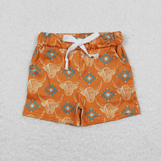 SS0208 Western Aztec highland cow orange boys shorts