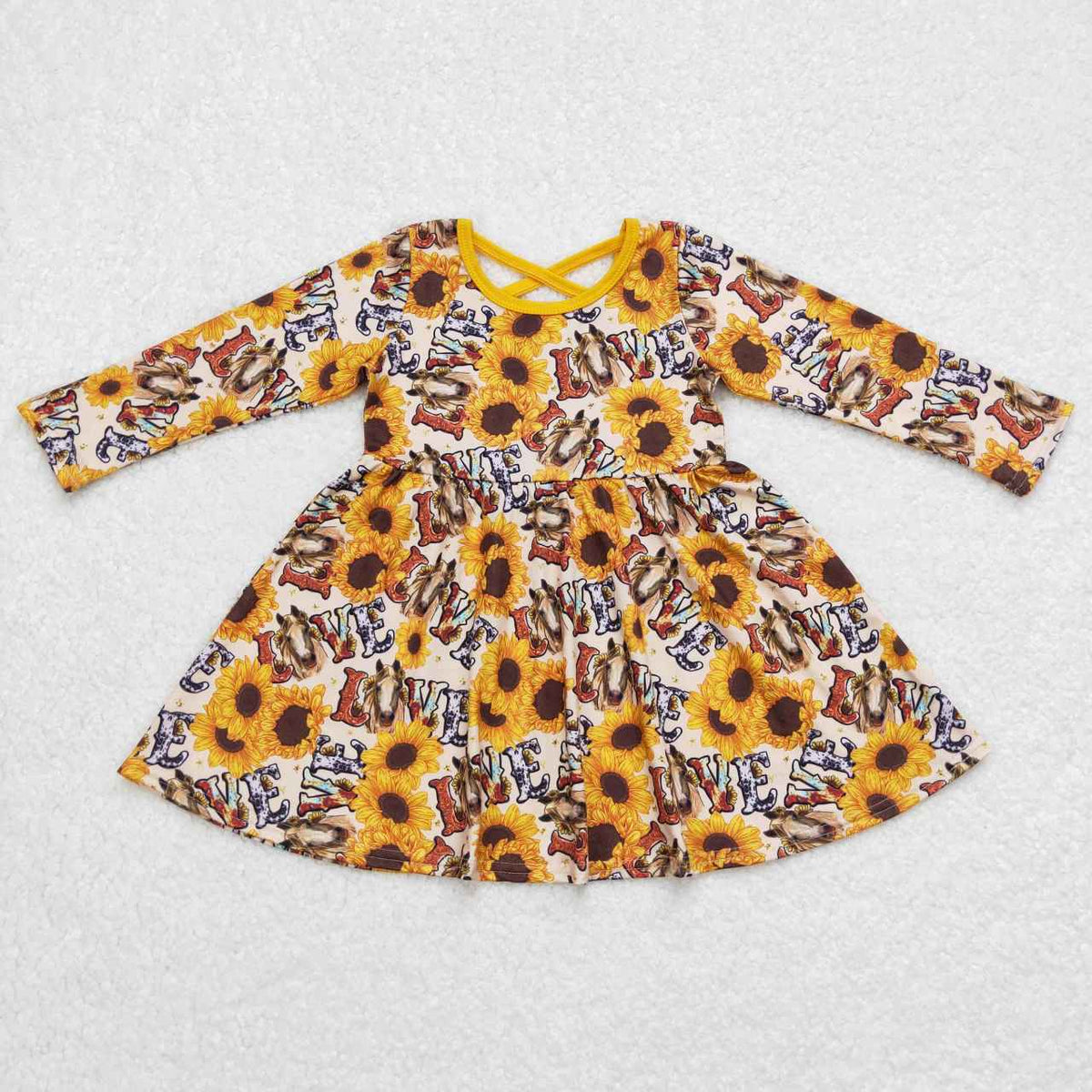 GLD0393 Western love horse sunflowers long sleeve girls dress