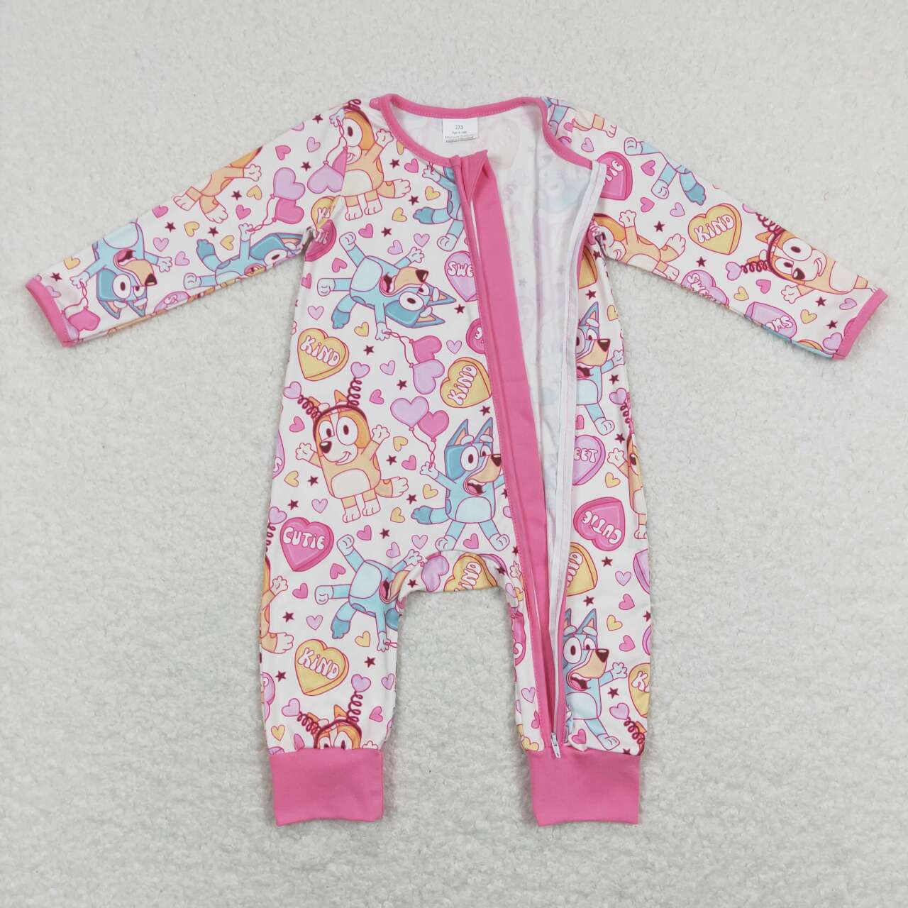 LR0886 Valentine's Day Sweet Cartoon Blue Dog Pink Long Sleeve Zipper Girls Romper