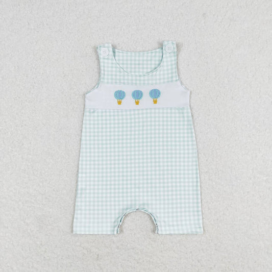 SR1405 embroidery hot air balloon green checkered sleeveless boys romper