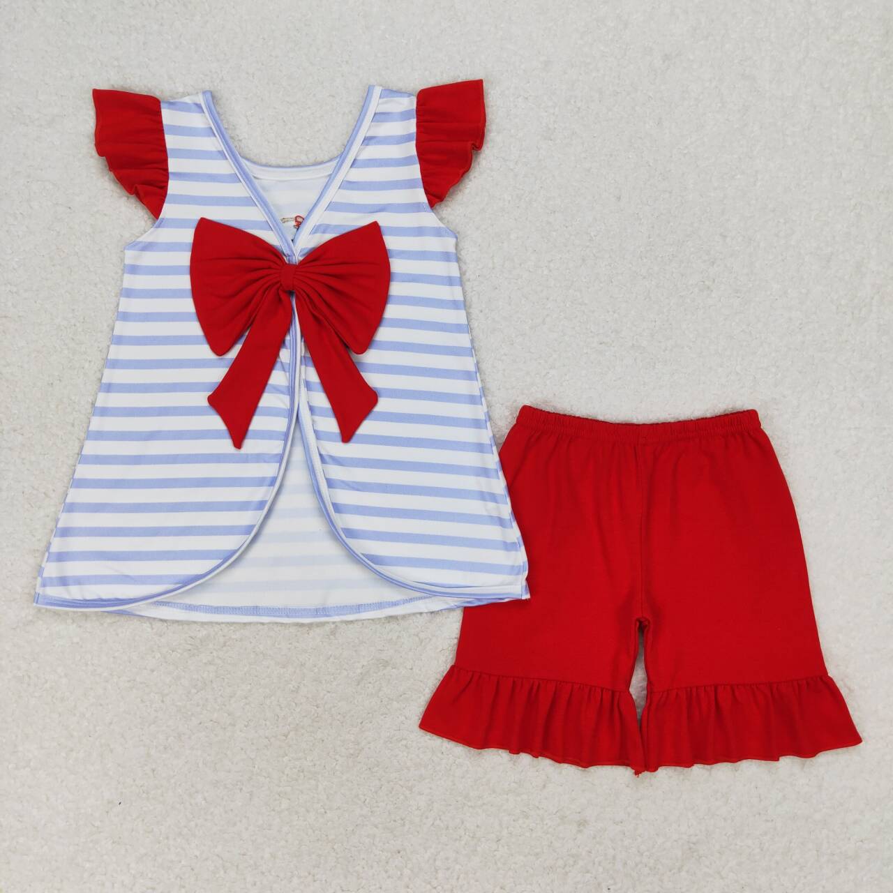 GSSO0663 embroidery July 4th dog flag blue striped flutter sleeve red shorts girls set