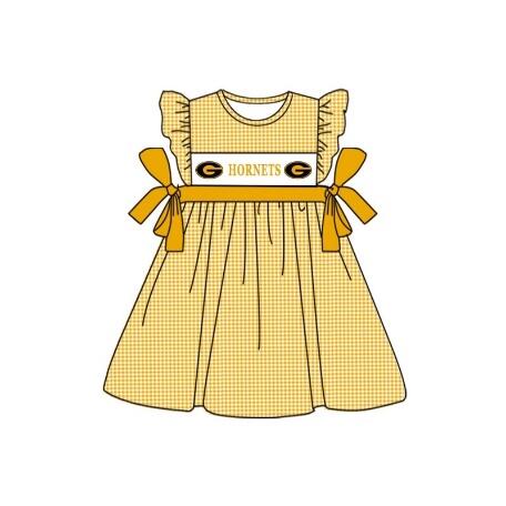 custom style G HORNETS yellow checkered flutter sleeve girls bows dress