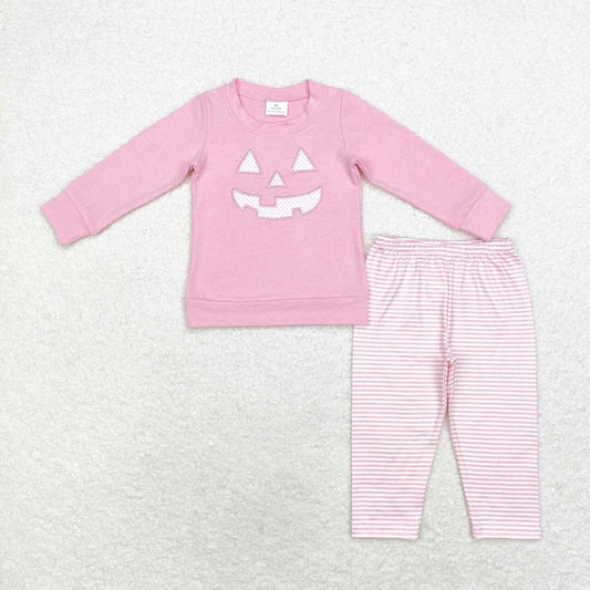 embroidery GLP1825 Halloween smile pumpkin pink long sleeve pants girls set