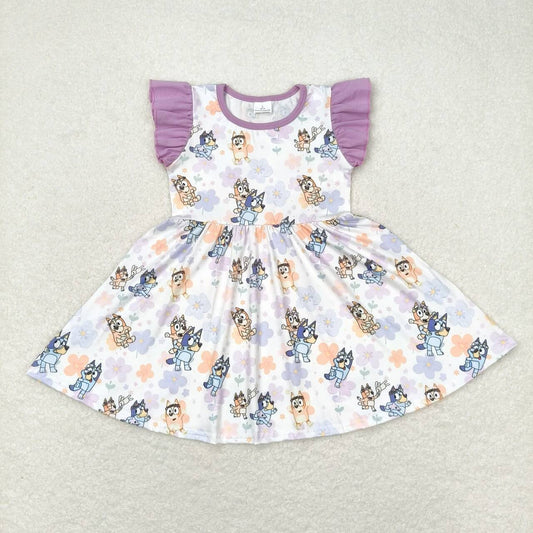GSD1079 cartoon blue dog flowers purple flutter sleeve girls dress