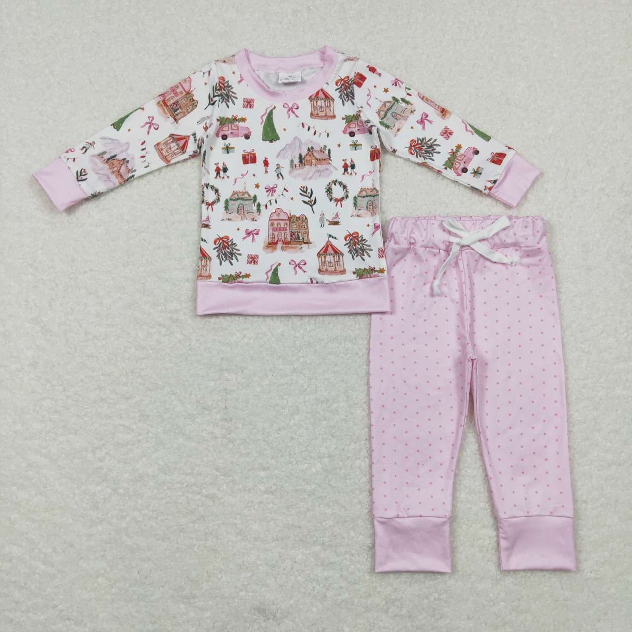 GLP0914 Christmas tree house pink long sleeve pants girls pajamas