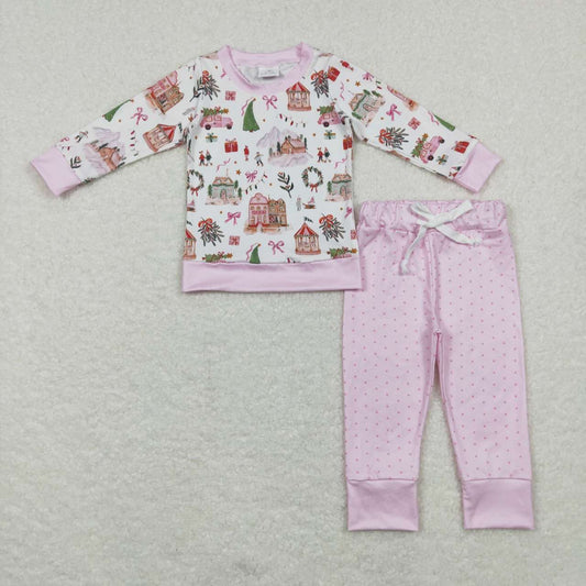 GLP0914 Christmas tree house pink long sleeve pants girls pajamas