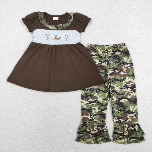 GSPO1088 Embroidery Hunting Mallard brown short sleeve camo milk silk pants girls set