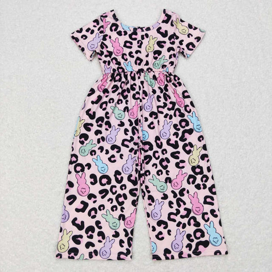 SR0481 Easter rabbit pink leopard short sleeve girls jumpsuits