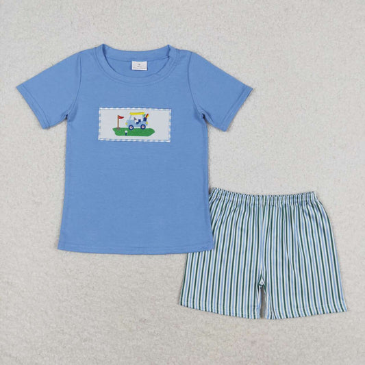 BSSO0616 embroidery Play Golf blue short sleeve green striped shorts boys set