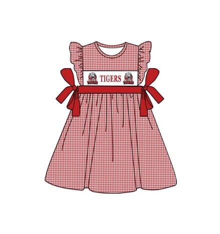 custom style TIGERS red checkered flutter sleeve girls bows dress