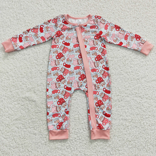 LR0294 Christmas Hot Chocolate Cookie Pink Long Sleeves Romper