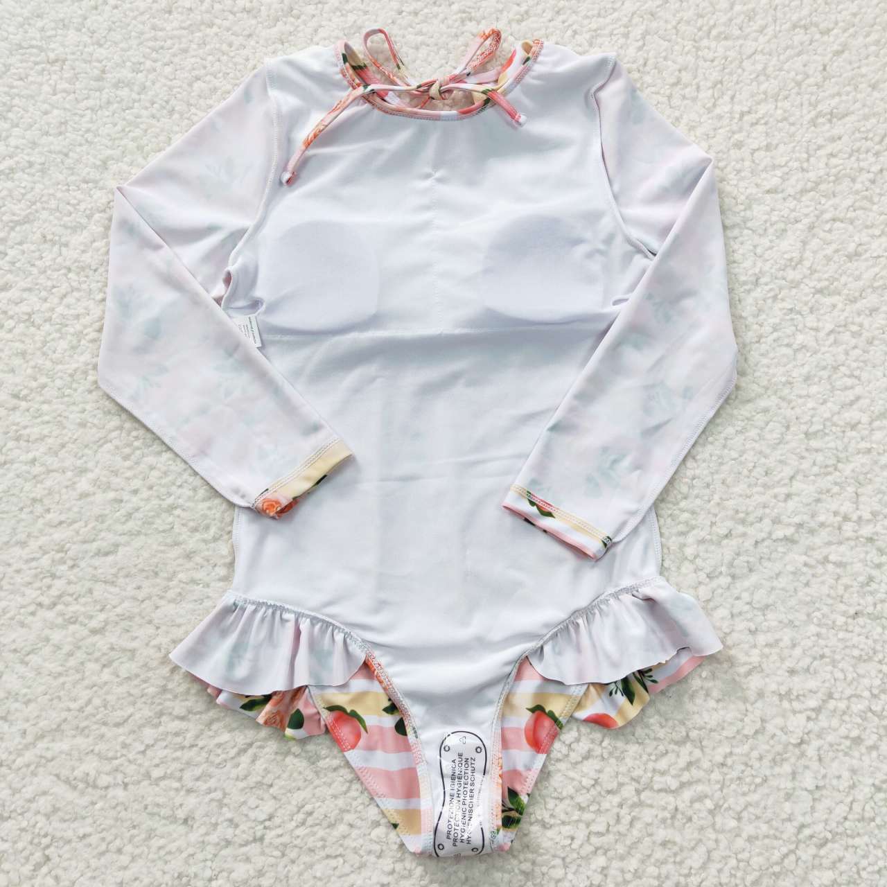 S0139 Pink Flower Print Peach Girls Long Sleeve Bathing Suits Swimsuits