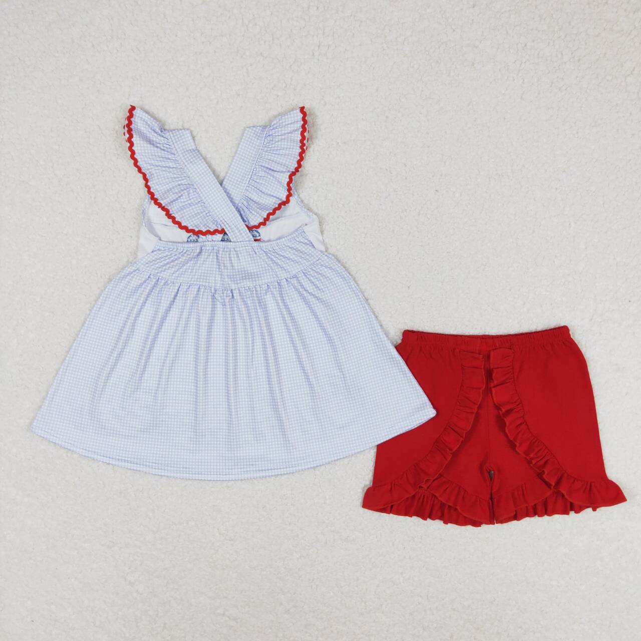 GSSO0798 embroidery July 4th ice blue flutter sleeve red shorts girls set