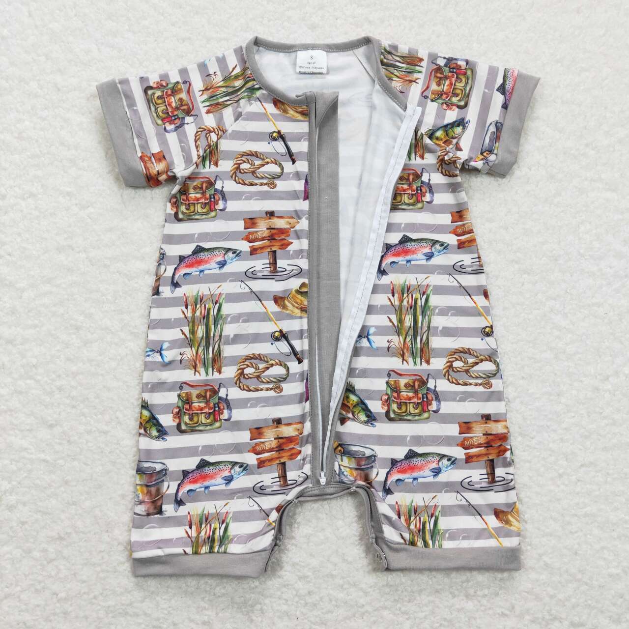 USA SHOP SR0842 Baby Boy Fishing Grey Short Sleeve Boys Zipper Romper Kids Hunting Clothes