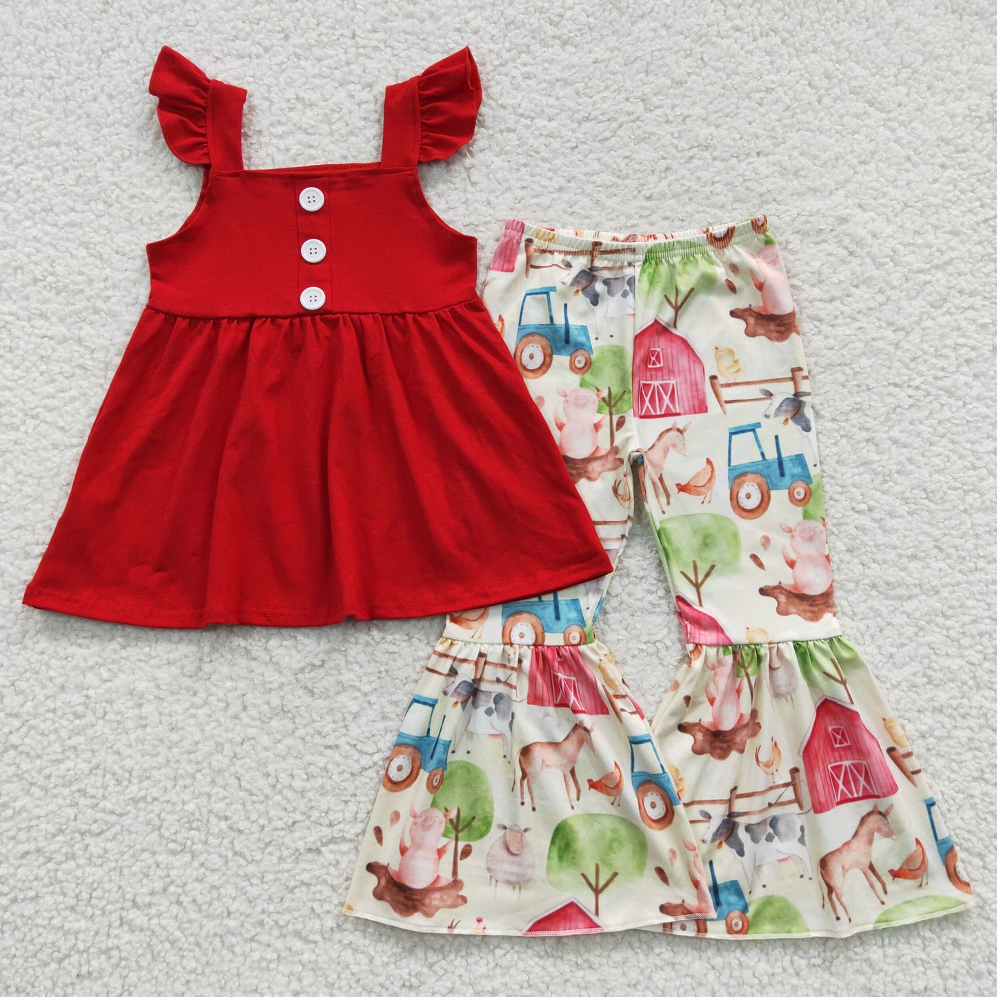 GSPO0587 Farm Red Flutter Sleeve Top Animals Pant Girls Set