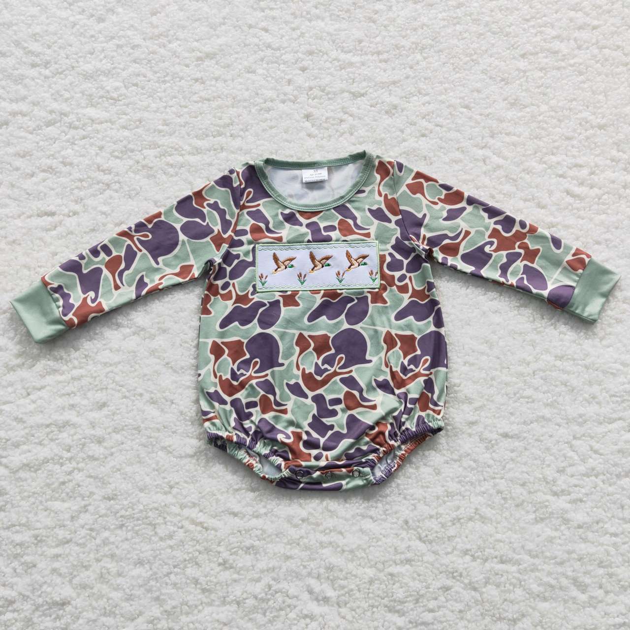 LR0286 Embroidery Duck Camouflage Color Long Sleeves Kids Romper