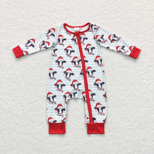 LR0700 Christmas cow blue striped long sleeve kids romper