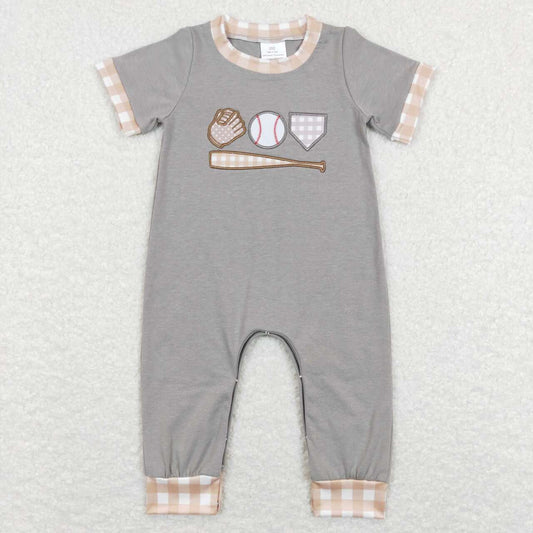 USA SHOP embroidery SR0614 Play baseball brown short sleeve boys romper